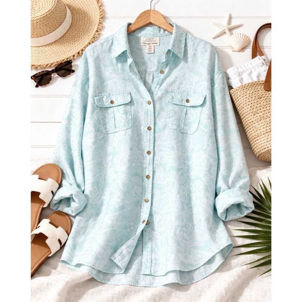 100% Linen Shirt 2X Seafoam Blue Paisley Button Front Coastal Resort